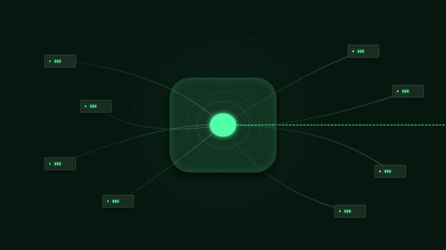 Premium abstract corporate data visualization showing multiple digital information streams converging into a centralized processing core and emerging as an organized structured data flow. Clean futuri