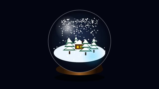Animated snow globe with falling snow and winter forest cabin scene for holiday decoration