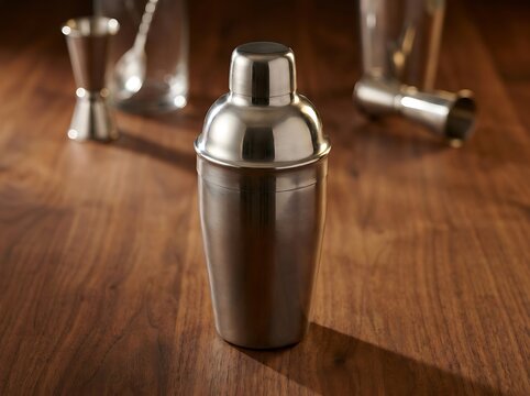 Shiny metal cocktail shaker standing on a rustic wooden bar counter in a dimly lit evening setting. cocktail shaker mockup