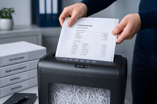 Confidential document shredding in office, hands feed paper into shredder with financial report and records for secure disposal