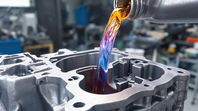 Lubricating oil is being poured into a metal engine cylinder block in a workshop for mechanical maintenance.