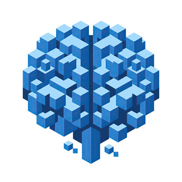 Isometric Blue Voxel Blocks Forming A Human Brain Shape