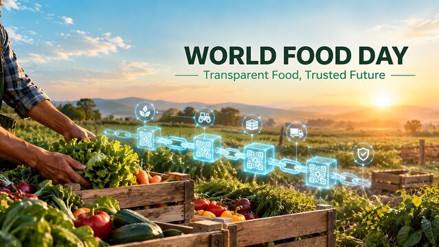 Farmer harvesting fresh vegetables in a field with digital interface icons illustrating modern food supply chain technology world food day agriculture technology digital farming smart farming