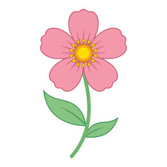 Fototapeta premium Simple vector illustration of a cute pink flower with green leaves, flat design style icon for spring and nature themes isolated on transparent background