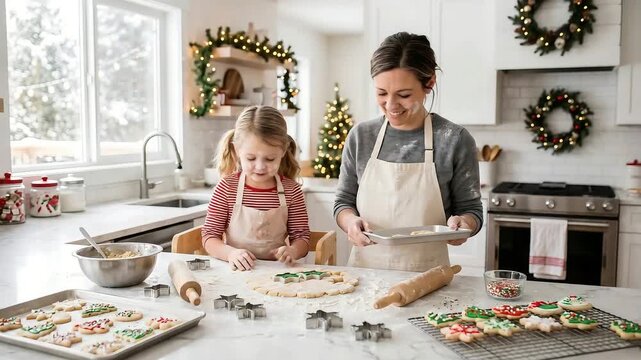 Woman and girl bake and decorate Christmas cookies together in a festive kitchen, sharing a family holiday tradition.