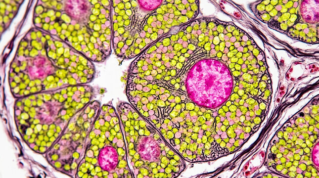 Microscopic view of cell clusters, showing round formations with pink nuclei and green cytoplasm, representing biological structure and cellular detail.