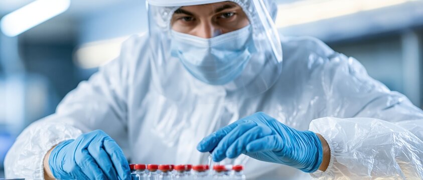 Scientist in full protective suit handling vials in a laboratory setting