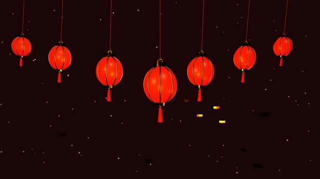 Premium 10-second seamless loop of swaying 3D red lanterns with golden ingots and cherry blossom petals on a rich crimson cinematic background for Lunar New Year celebrations