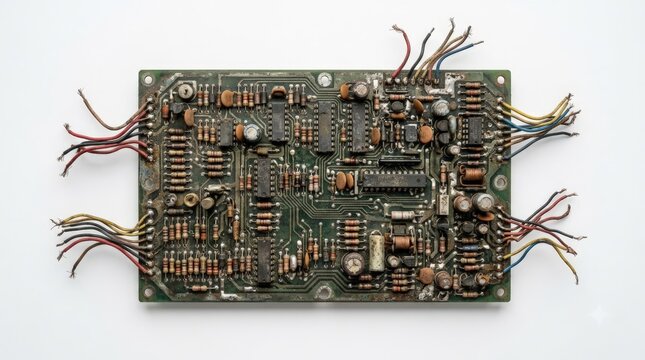 A complex vintage circuit board with exposed components and bundles of copper wire scrap attached to the edges, photographed against a clean white background, underscoring the electronics