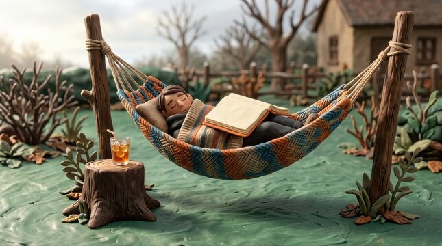 Cozy clay hammock reader with book in a whimsical garden scene