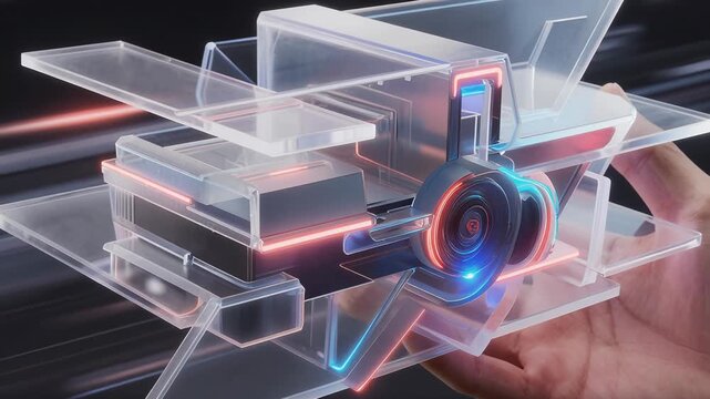 Hands Manipulating a Futuristic Device with Glowing Elements