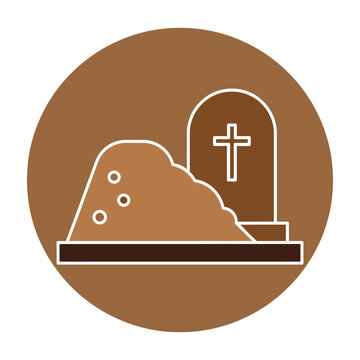 Brown tombstone with cross beside a dirt mound on a flat surface