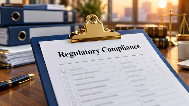 Regulatory Compliance Checklist on Office Desk with Legal Documents and Scales of Justice, Business Law, Corporate Governance, Audit, Risk Management and Policy Concept