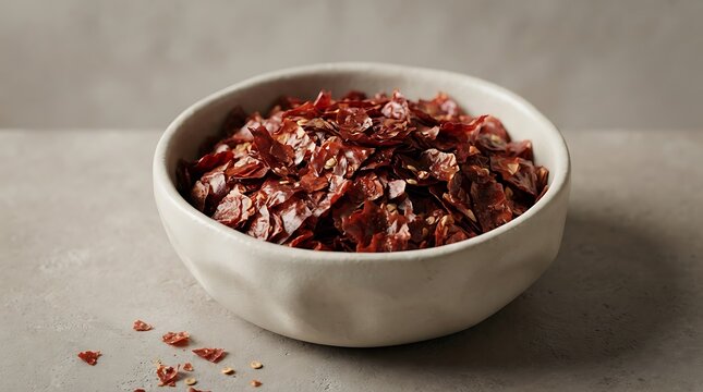 A ceramic bowl filled with bright red aleppo pepper flakes sits on a rustic surface with loose seeds.