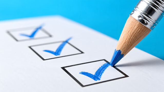 Pencil Marking Blue Check Box on Checklist Form, Completed Tasks, Survey Response, Quality Control, Approval, Assessment, Verification and Business Productivity Concept