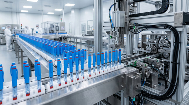 Automated assembly line processing blue medical devices in a sterile, modern factory, symbolizing precision manufacturing and healthcare innovation