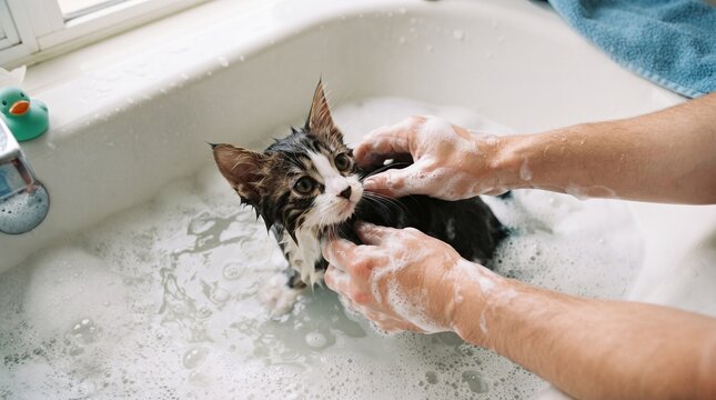 Person Bathing Small Fluffy Tabby Kitten in Sink with Soapy Water