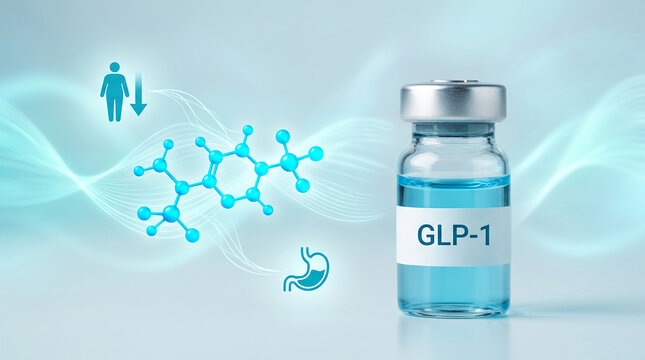Vial of GLP-1 medication with molecule and icon graphic, representing weight loss and digestion, concept for health.