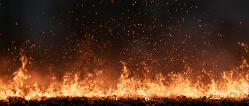 Low flames burning along ground surface at night with sparks rising