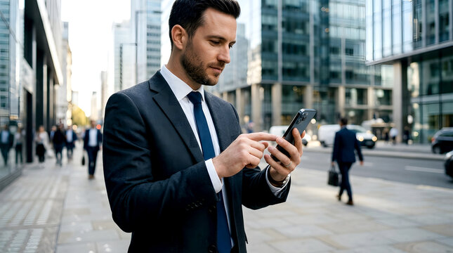 A confident businessman using a smartphone outdoors in a modern urban environment, representing mobile technology, digital communication.