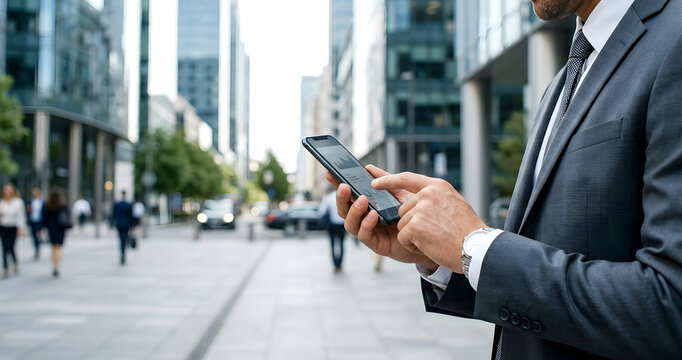 A confident businessman using a smartphone outdoors in a modern urban environment, representing mobile technology, digital communication.