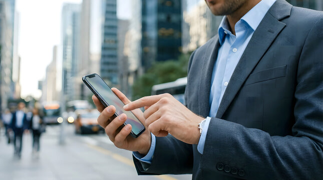 A confident businessman using a smartphone outdoors in a modern urban environment, representing mobile technology, digital communication.