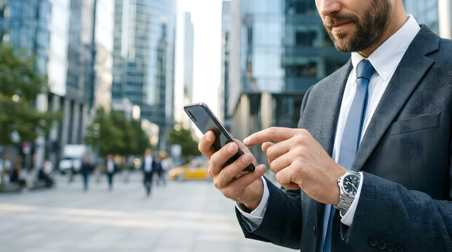 A confident businessman using a smartphone outdoors in a modern urban environment, representing mobile technology, digital communication.
