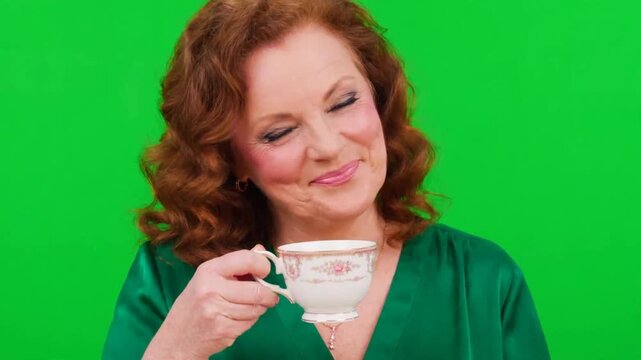Unbothered woman sipping tea with attitude on green screen