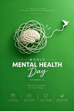 World mental health day concept with a brain tangled in a wire transforming into a bird on green background