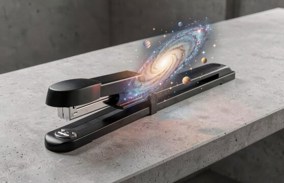 Black Office Stapler Releasing a Magical Spiral Galaxy
