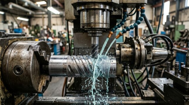 A close up view of a metallic cylindrical workpiece being machined by a vertical mill utilizing cnc machine coolant to wash away metal chips during the heavy industrial manufacturing process