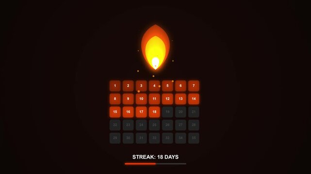 Daily Streak Habit Tracker Calendar Animation with Glowing Flame Icon Showing Progressive Goal Achievement and Productivity Motivation