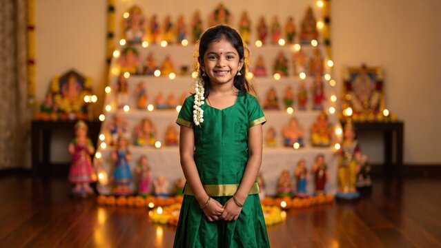 
Navratri Golu Girl in Pattu Pavadai &ndash; South Indian Child with Jasmine Flowers and Doll Display