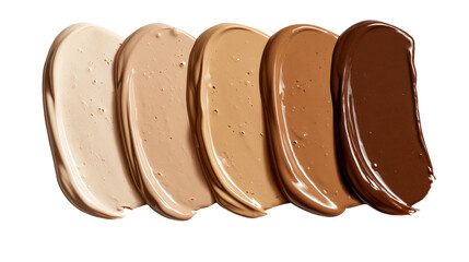 Five shades of liquid foundation makeup smears in a row