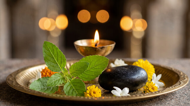 Traditional Vishnu prayer arrangement with sacred Tulsi leaves