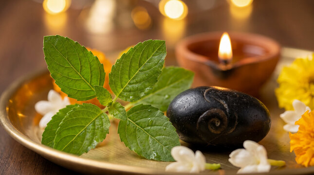Macro view of Tulsi and Shaligram in Hindu worship