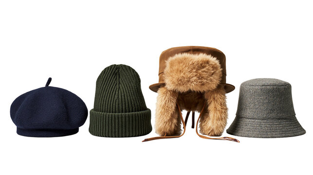 Dark blue beret olive green beanie, brown fur trapper hat and grey bucket hat