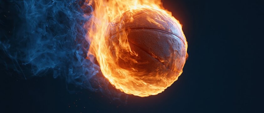 Basketball engulfed in flames against a dark background with blue smoke swirling around it