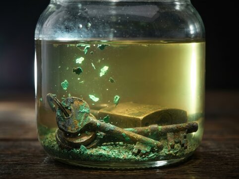 Lost key concept in a glass jar with submerged rusted keys and green patina