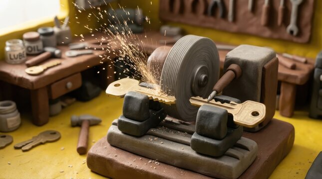 Key cutting in a miniature workshop with sparks and repair tools