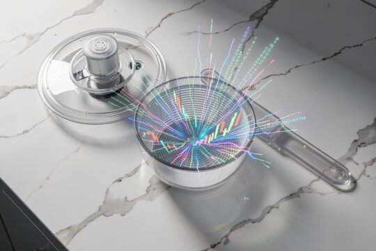 Transparent kitchen bowl emitting colorful data visualization rays