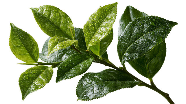 Fresh green tea leaves on a branch with water droplets