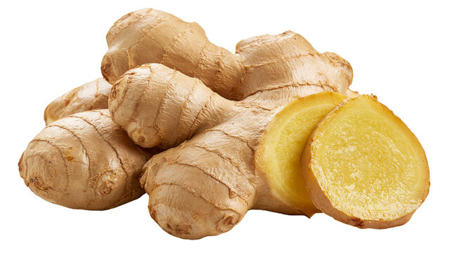 Fresh raw ginger root with sliced pieces showing yellow fibrous texture