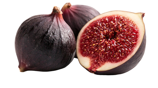 Fresh whole and halved purple figs with red seeded pulp