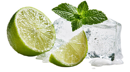 Fresh green lime half and wedge with mint leaves and melting ice cubes © Thaddeus