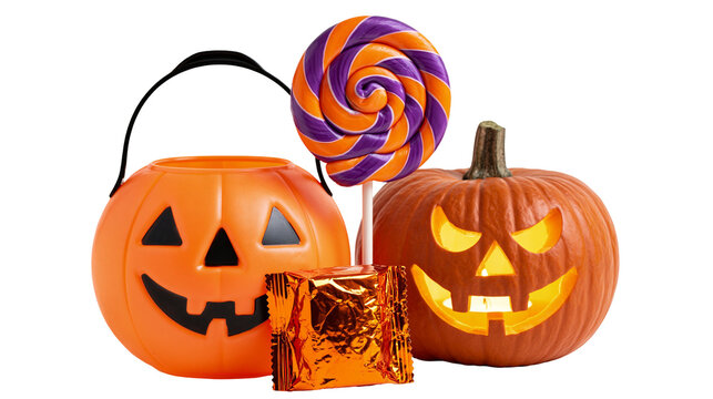 Plastic jack-o-lantern candy bucket carved pumpkin, swirl lollipop and candy