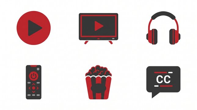 Entertainment Icons: A collection of stylized icons representing media consumption: a play button, television, headphones, remote control, popcorn, and closed captions.