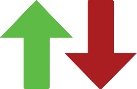Green up arrow and red down arrow symbols for comparison and direction isolated on white background