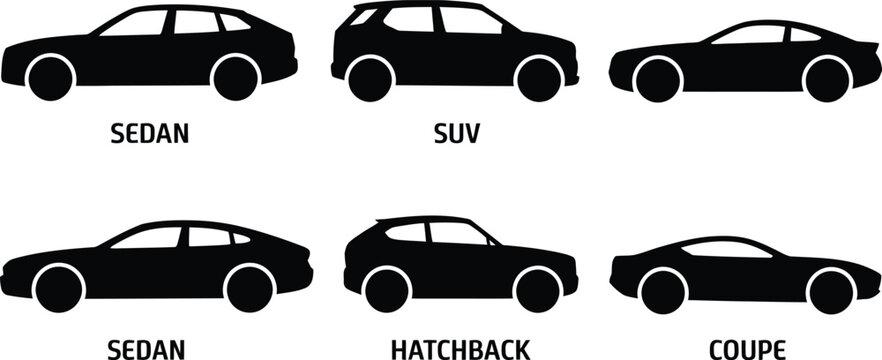 Black and white of sedan s u v hatchback and coupe car types