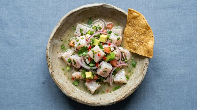 Ceviche bowl with fresh seafood and tortilla chip
